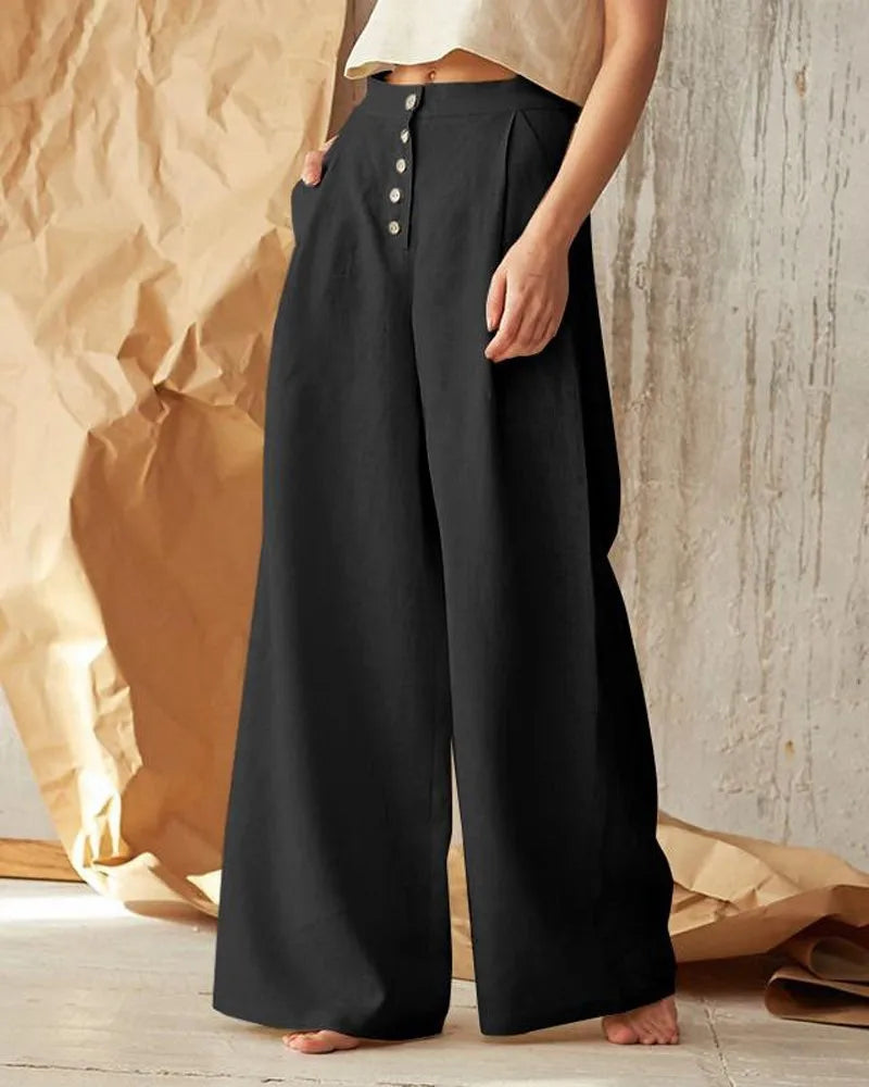 Casual Solid Color Loose Style Linen and Cotton Wide Leg Pant Women