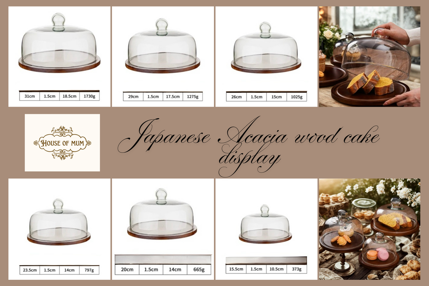 Japanese Acacia Wood and Glass Cake Display