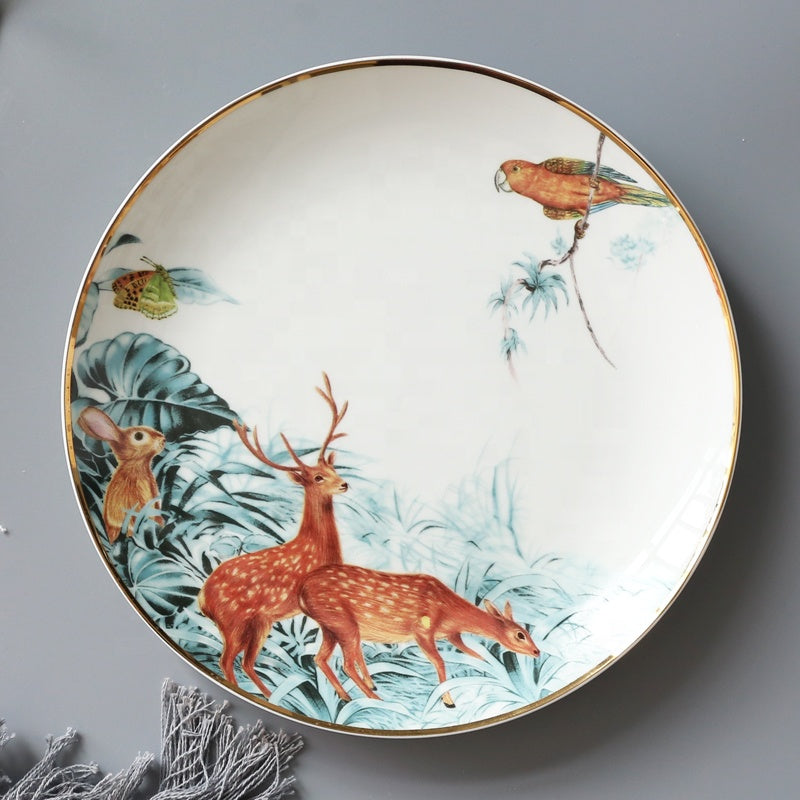 8 Pcs England Luxury Dining Animal Pattern Porcelain Dishes and Plates