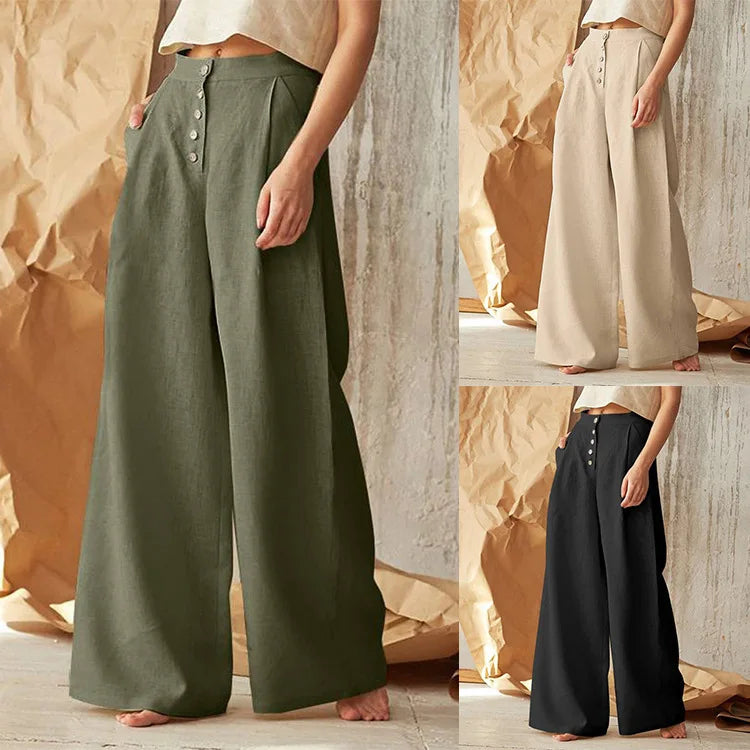Casual Solid Color Loose Style Linen and Cotton Wide Leg Pant Women