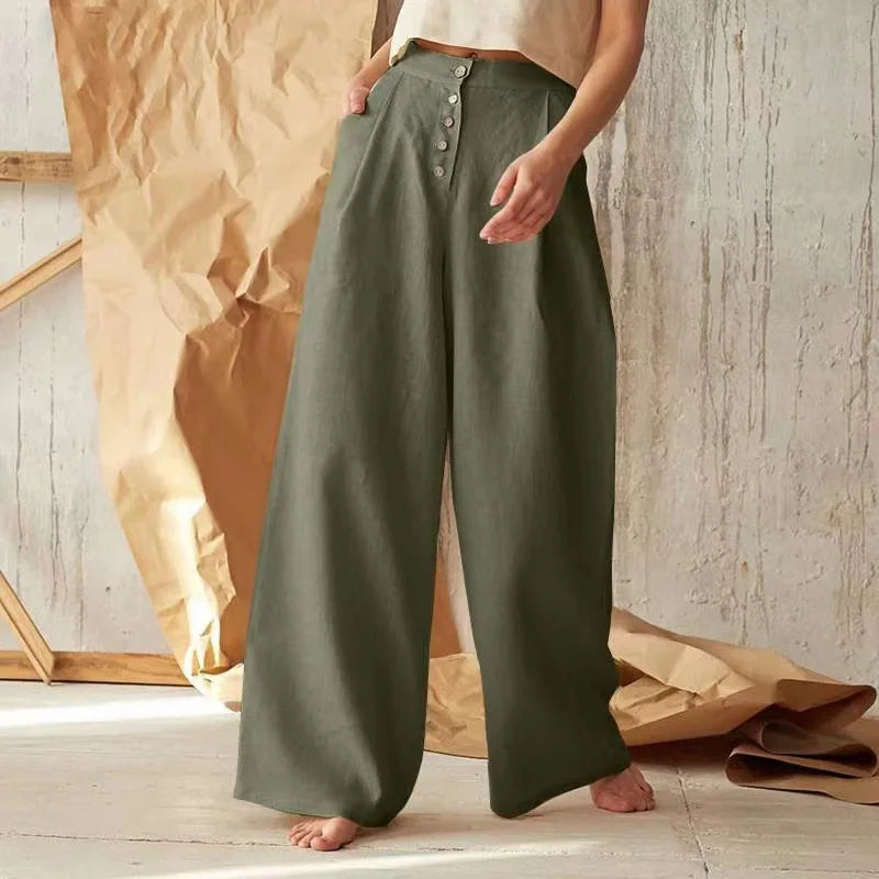 Casual Solid Color Loose Style Linen and Cotton Wide Leg Pant Women