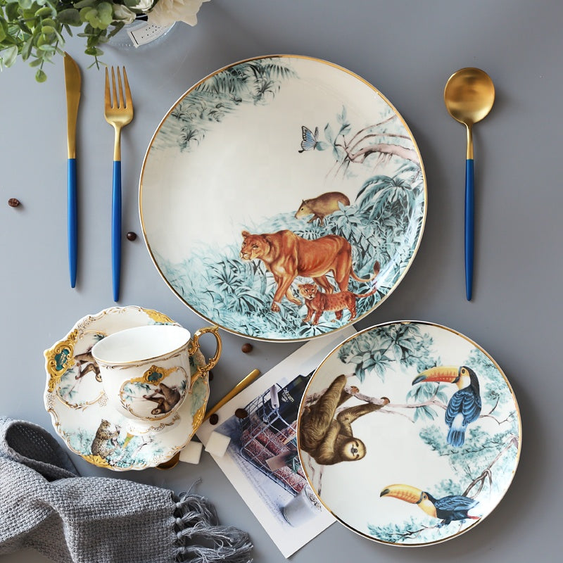 8 Pcs England Luxury Dining Animal Pattern Porcelain Dishes and Plates