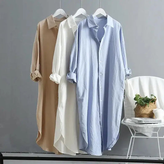 Linen Lapel/Polo Collar Shirt Elastic Waist Swing Dress With Pocket Dress Shirts
