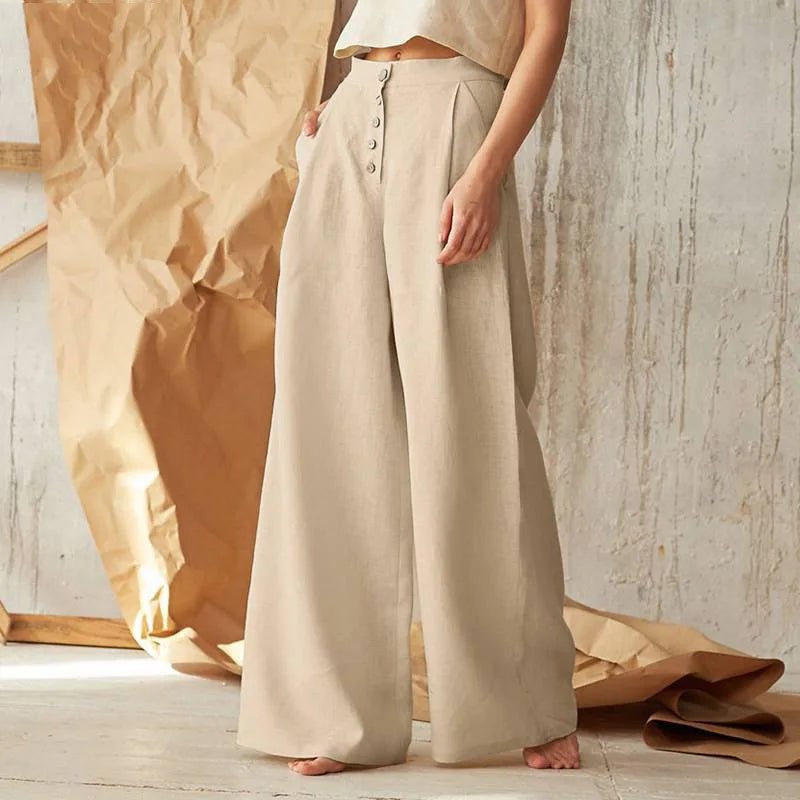 Casual Solid Color Loose Style Linen and Cotton Wide Leg Pant Women
