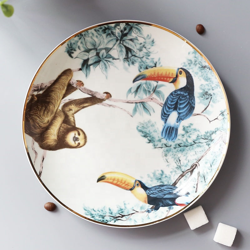 8 Pcs England Luxury Dining Animal Pattern Porcelain Dishes and Plates