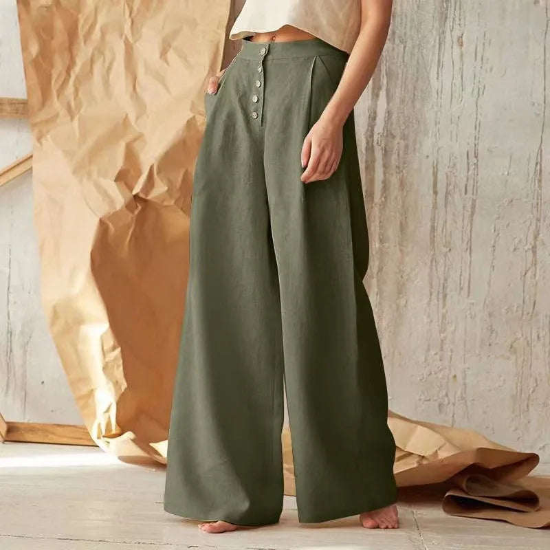 Casual Solid Color Loose Style Linen and Cotton Wide Leg Pant Women