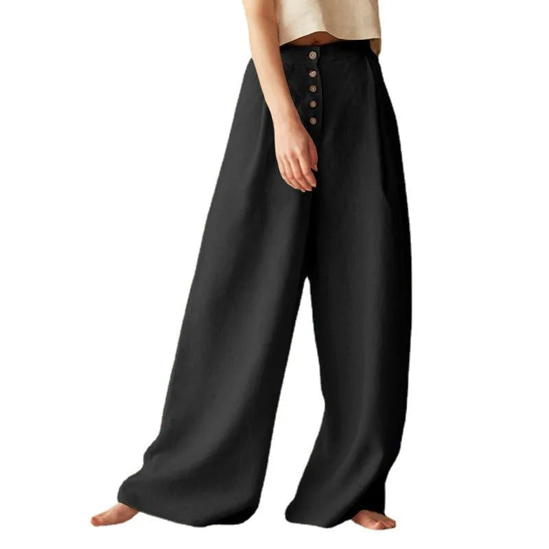 Casual Solid Color Loose Style Linen and Cotton Wide Leg Pant Women
