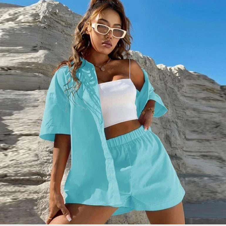 Women Cotton Linen Solid Suit Solid Colour Short Sleeve Shirts and Shorts