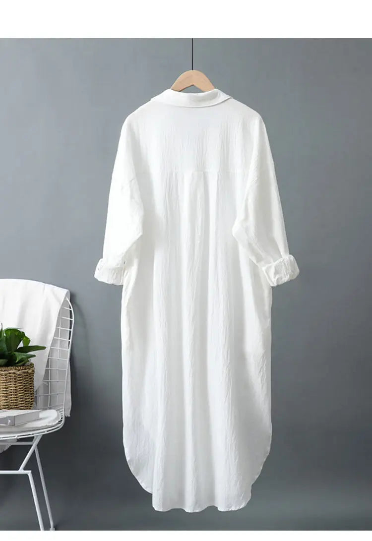 Linen Lapel/Polo Collar Shirt Elastic Waist Swing Dress With Pocket Dress Shirts