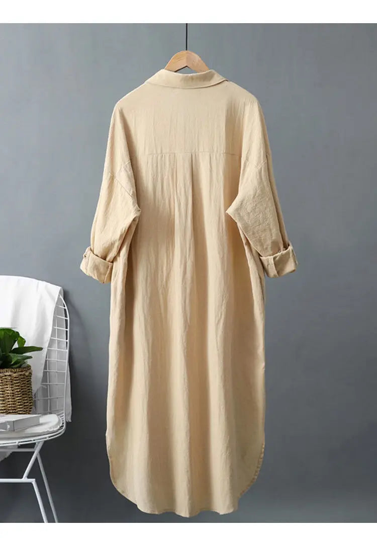 Linen Lapel/Polo Collar Shirt Elastic Waist Swing Dress With Pocket Dress Shirts
