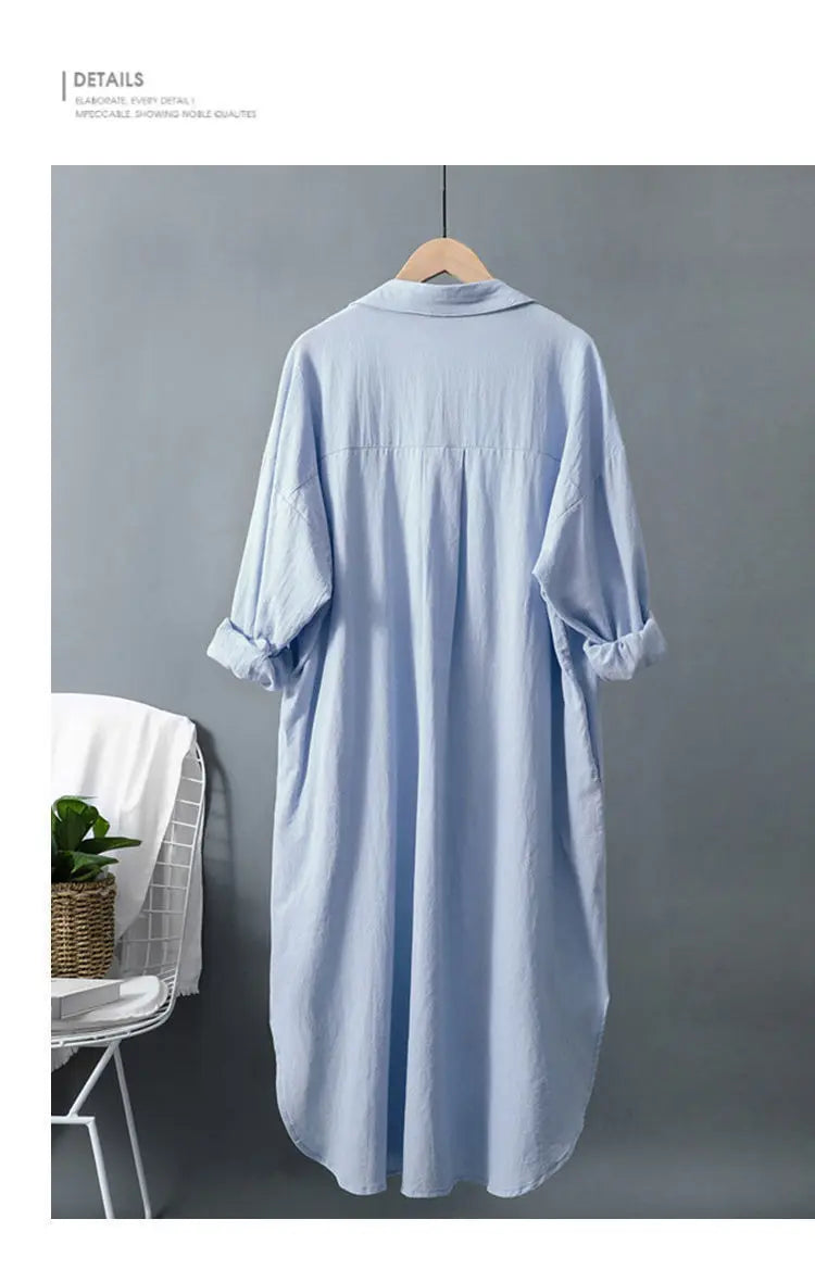 Linen Lapel/Polo Collar Shirt Elastic Waist Swing Dress With Pocket Dress Shirts