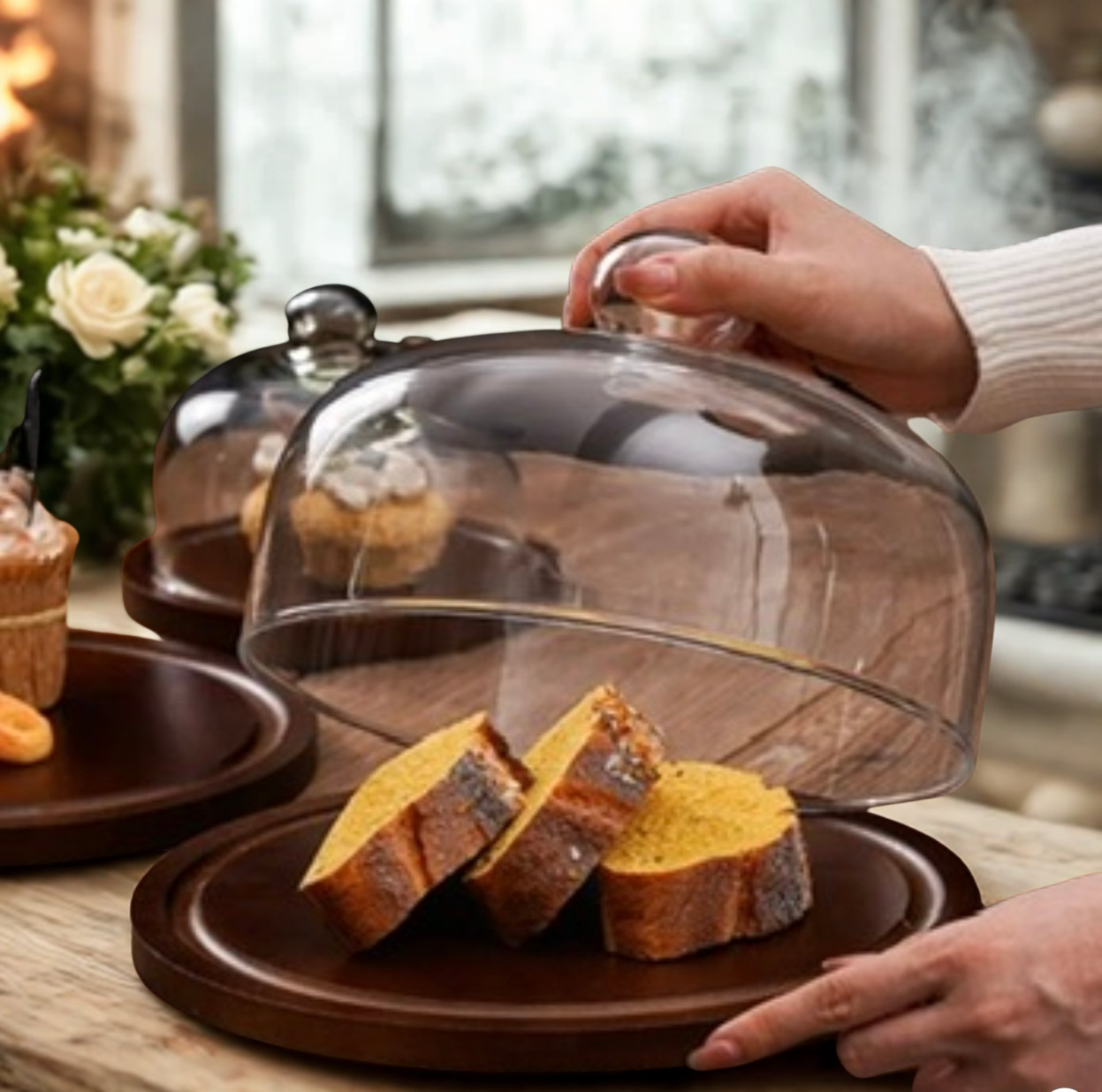 Japanese Acacia Wood and Glass Cake Display