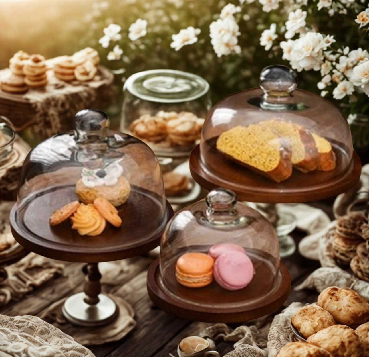 Japanese Acacia Wood and Glass Cake Display