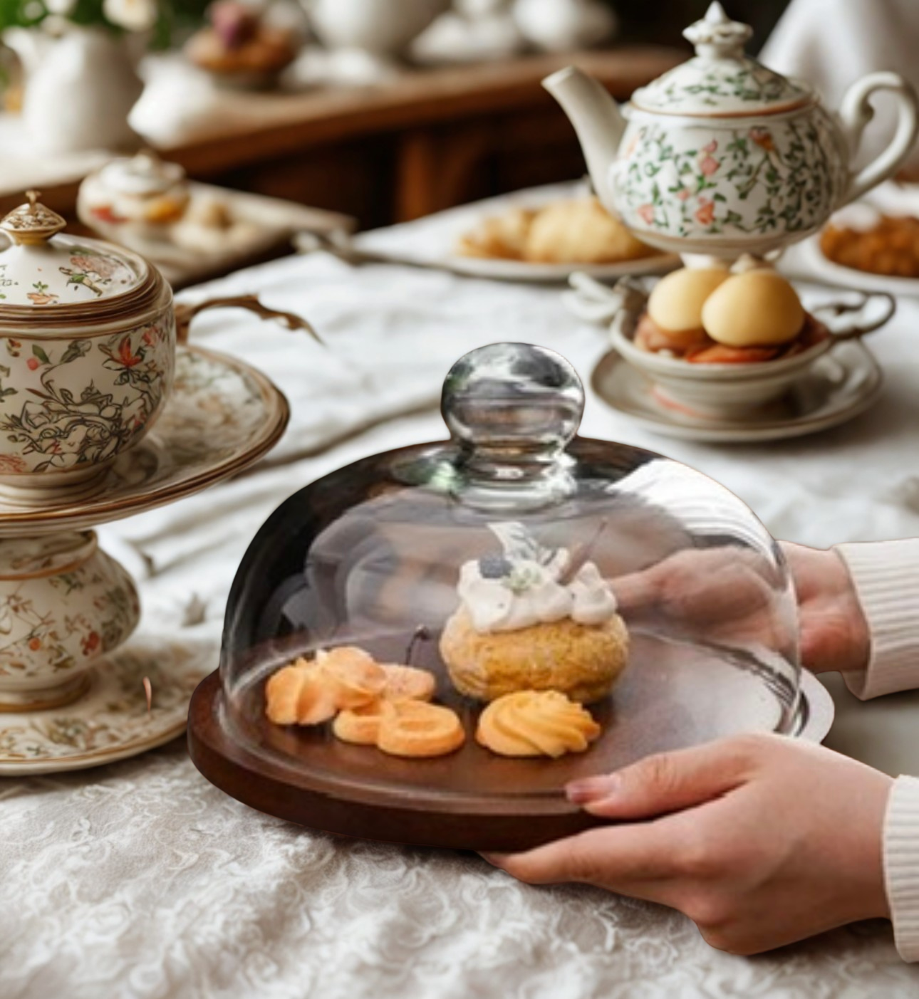 Japanese Acacia Wood and Glass Cake Display